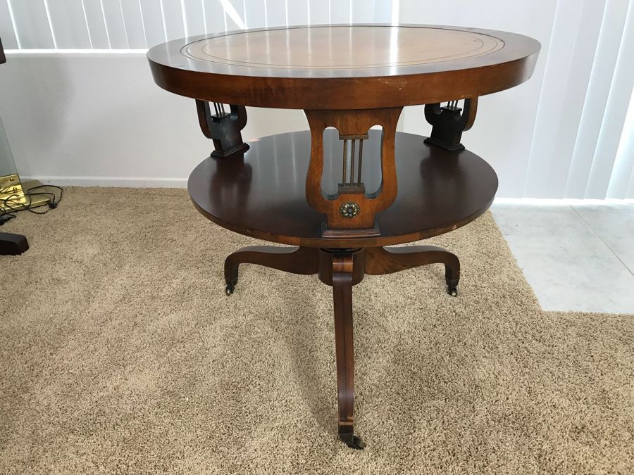 Vintage Leather Top Round Table Lyre Motif On Casters