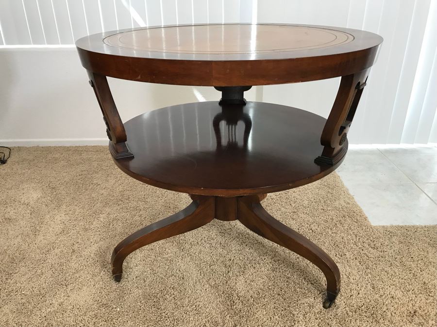 Vintage Leather Top Round Table Lyre Motif On Casters [Photo 9]