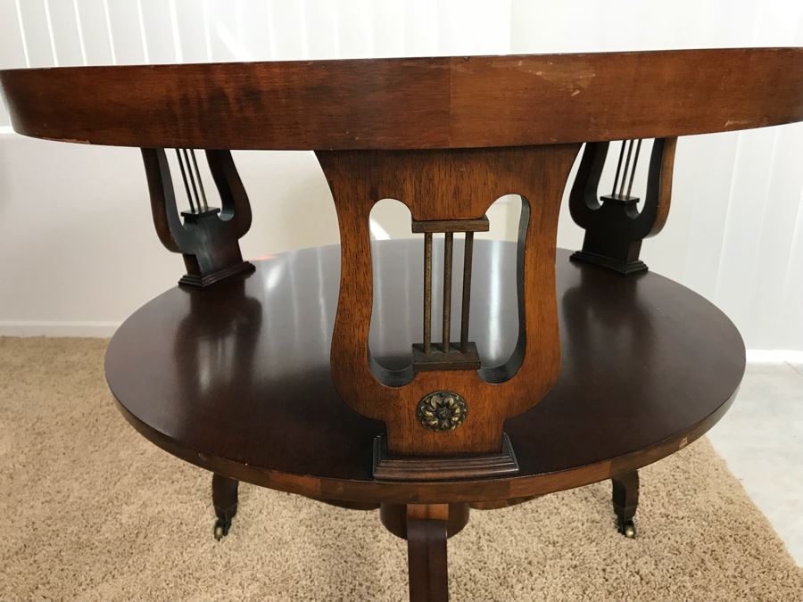 Vintage Leather Top Round Table Lyre Motif On Casters [Photo 6]
