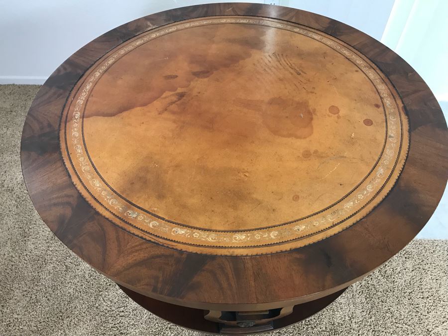 Vintage Leather Top Round Table Lyre Motif On Casters [Photo 4]