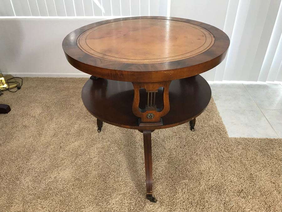 Vintage Leather Top Round Table Lyre Motif On Casters [Photo 2]