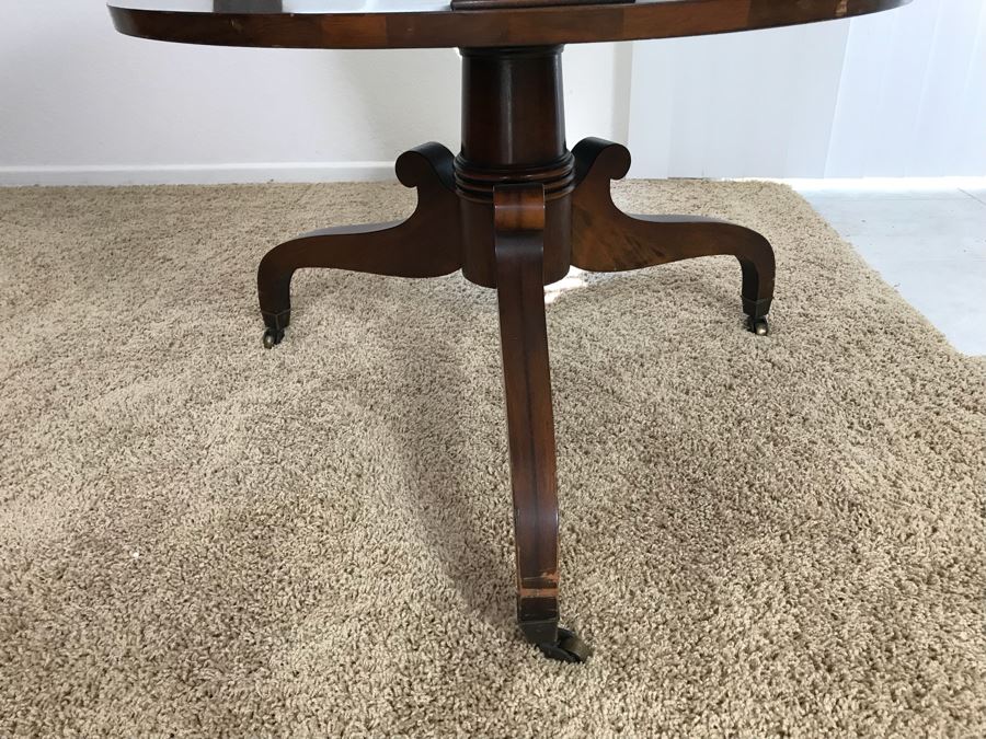 Vintage Leather Top Round Table Lyre Motif On Casters [Photo 8]