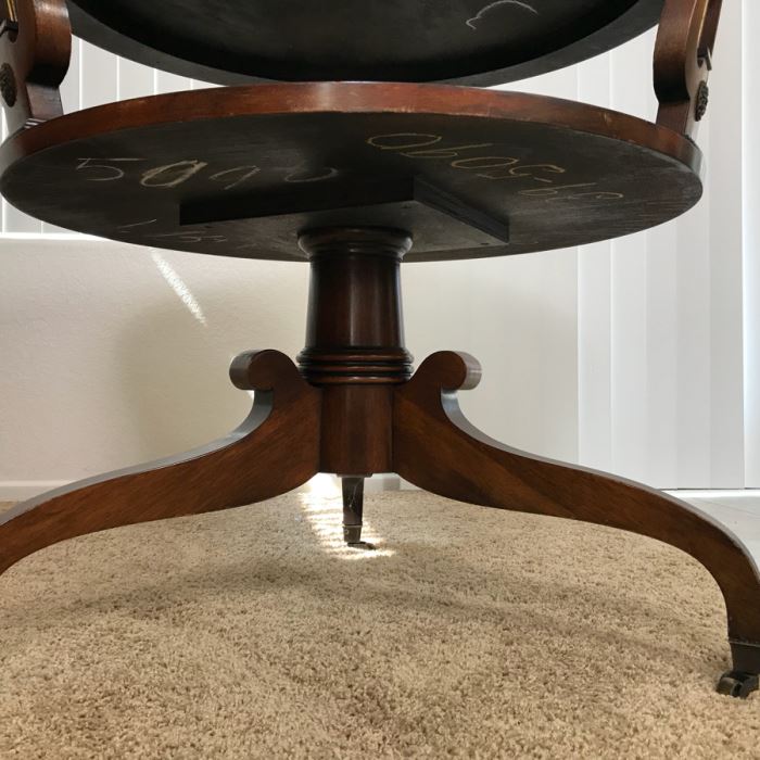 Vintage Leather Top Round Table Lyre Motif On Casters [Photo 12]