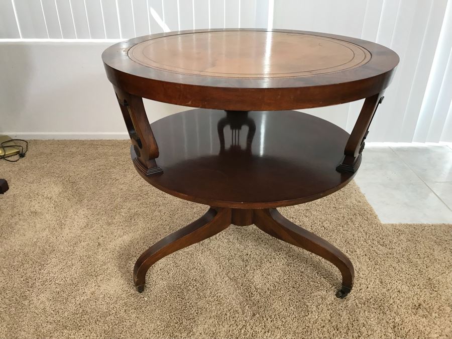 Vintage Leather Top Round Table Lyre Motif On Casters [Photo 13]
