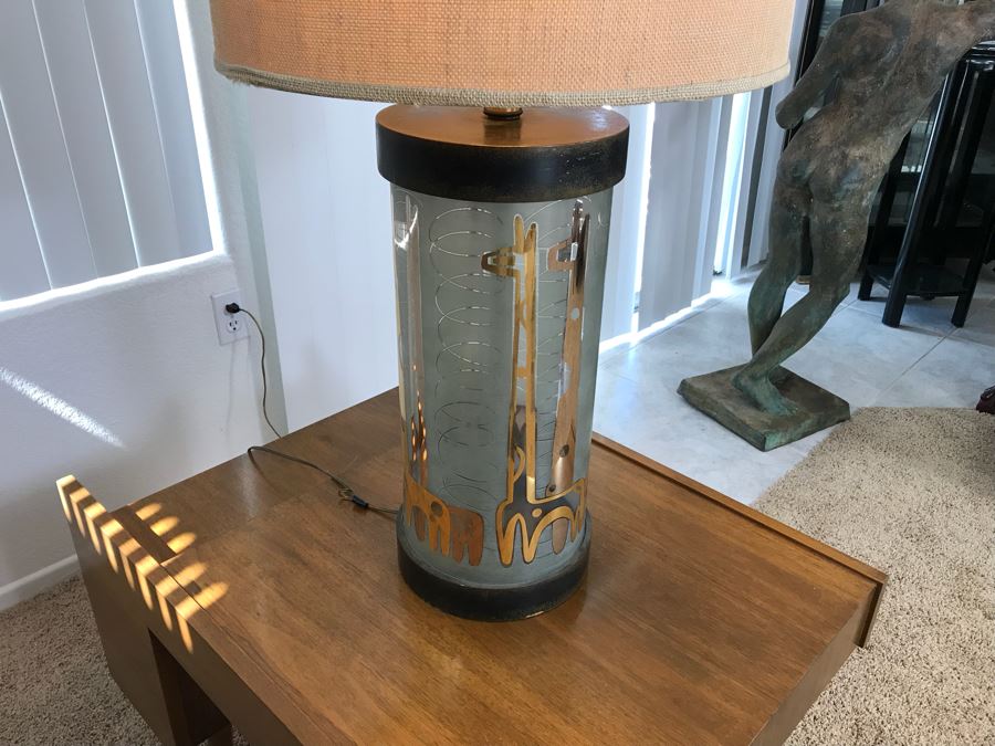 Mid-Century Modern Giraffe Motif Glass Table Lamp With Shade (Working But May Need Rewiring)