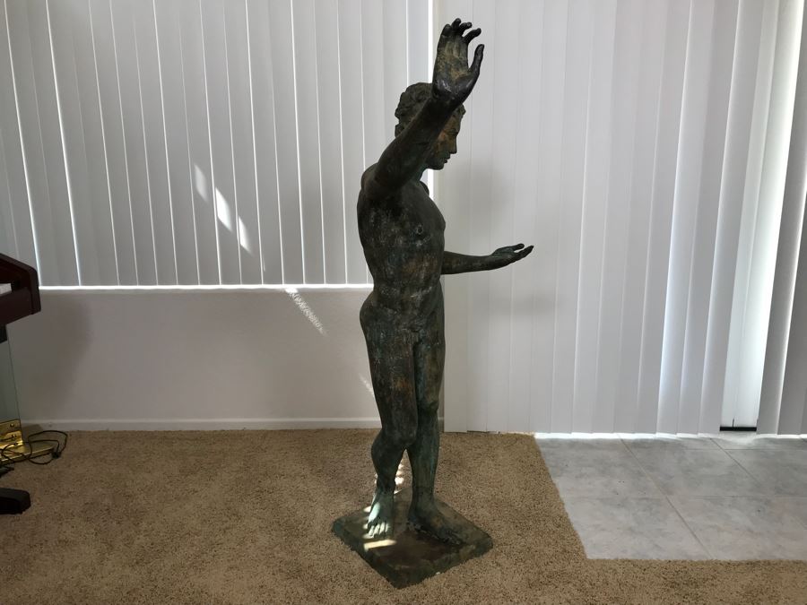 Metal Sculpture Statue Of Nude Boy Holding Out One Hand (Signifying Stop) And Holding A Bullet In Other Signature Illegible [Photo 22]