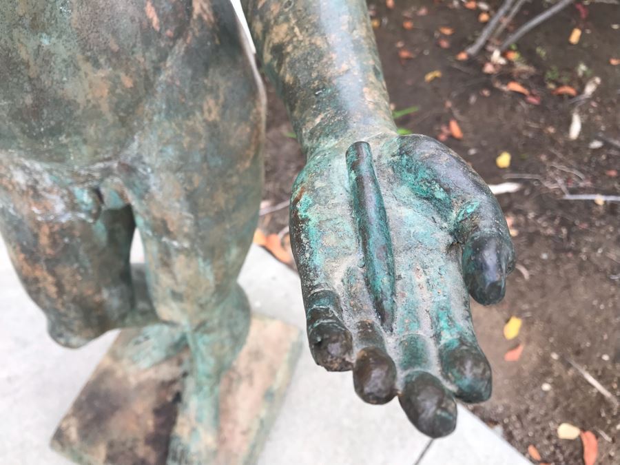 Metal Sculpture Statue Of Nude Boy Holding Out One Hand (Signifying Stop) And Holding A Bullet In Other Signature Illegible [Photo 5]
