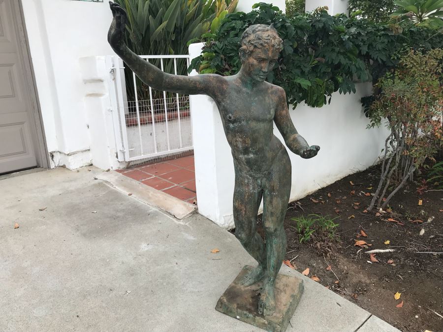Metal Sculpture Statue Of Nude Boy Holding Out One Hand (Signifying Stop) And Holding A Bullet In Other Signature Illegible
