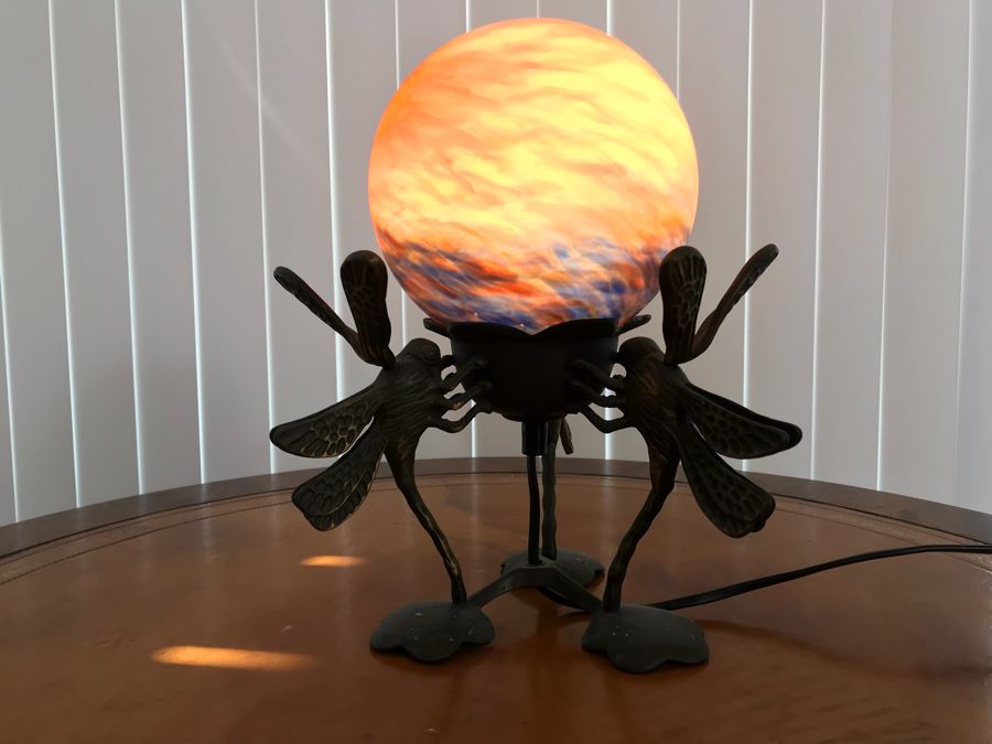 Contemporary Metal Table Lamp With Marbleized Glass Ball Shade [Photo 3]