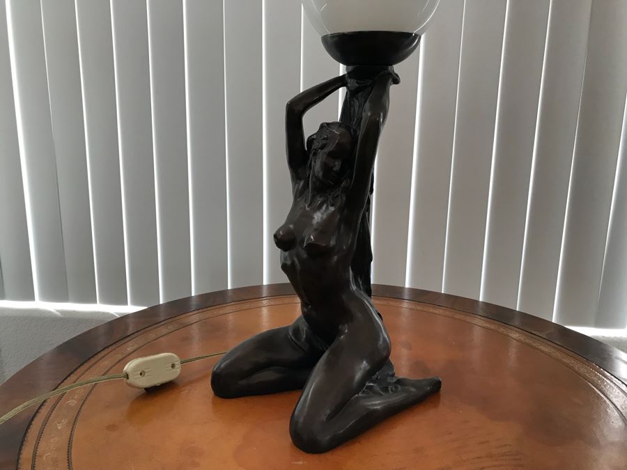 Painted Resin Table Lamp Of Nude Woman Holding Light [Photo 3]