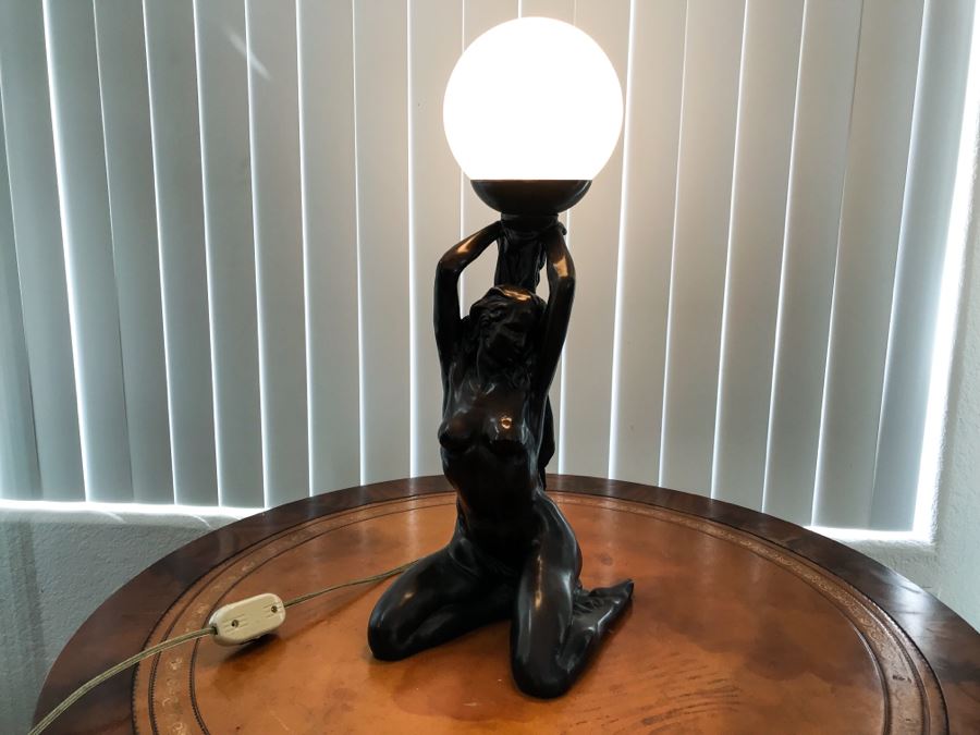 Painted Resin Table Lamp Of Nude Woman Holding Light