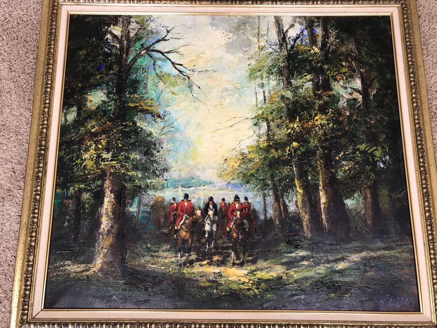Original German Oil Painting By Waldeck Of Horses Running Through Woods 36' X 32' [Photo 10]