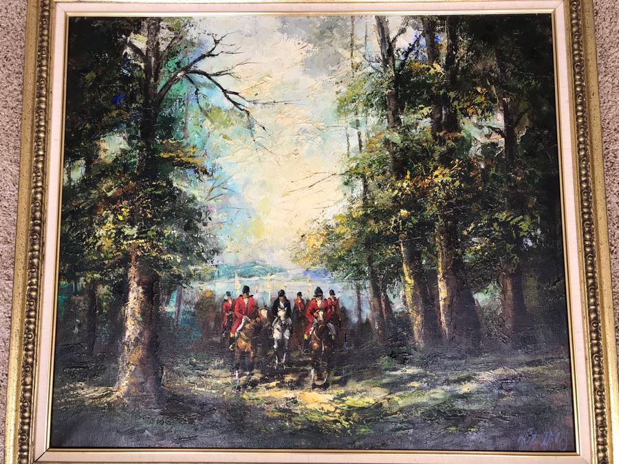 Original German Oil Painting By Waldeck Of Horses Running Through Woods 36' X 32'