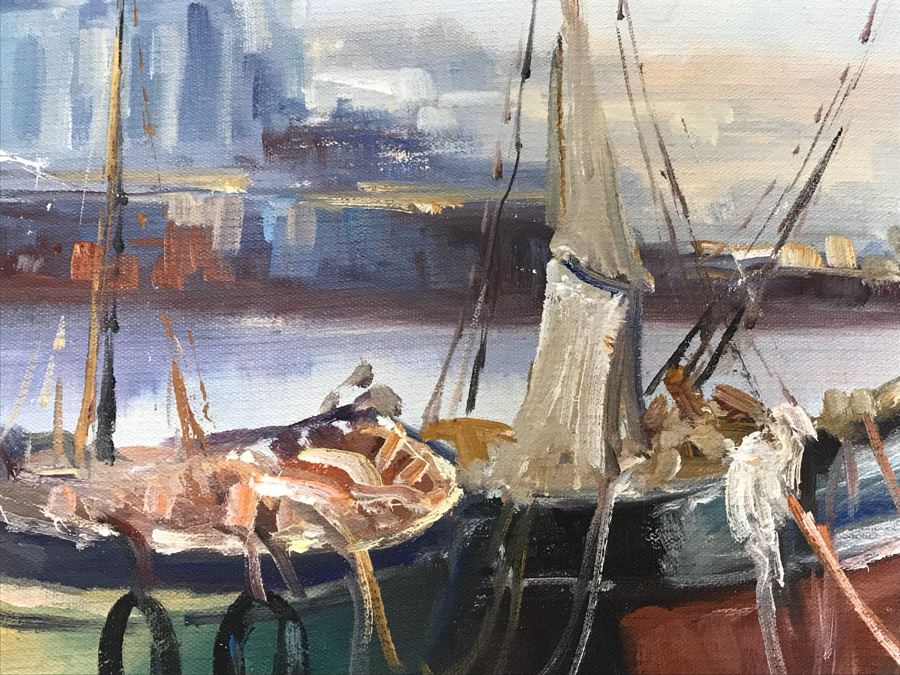 Original Oil Painting Of Harbor Scene By Val 29' X 21' [Photo 8]