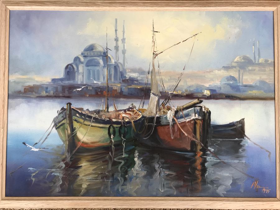 Original Oil Painting Of Harbor Scene By Val 29' X 21'