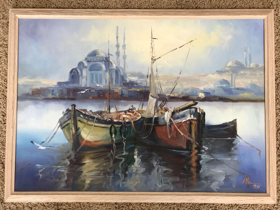 Original Oil Painting Of Harbor Scene By Val 29' X 21' [Photo 2]