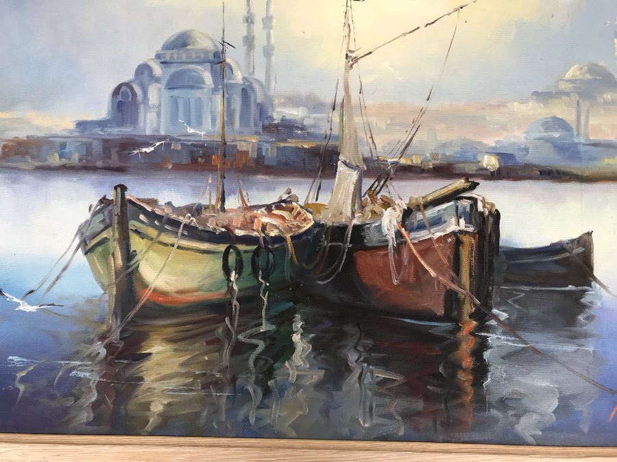 Original Oil Painting Of Harbor Scene By Val 29' X 21' [Photo 3]