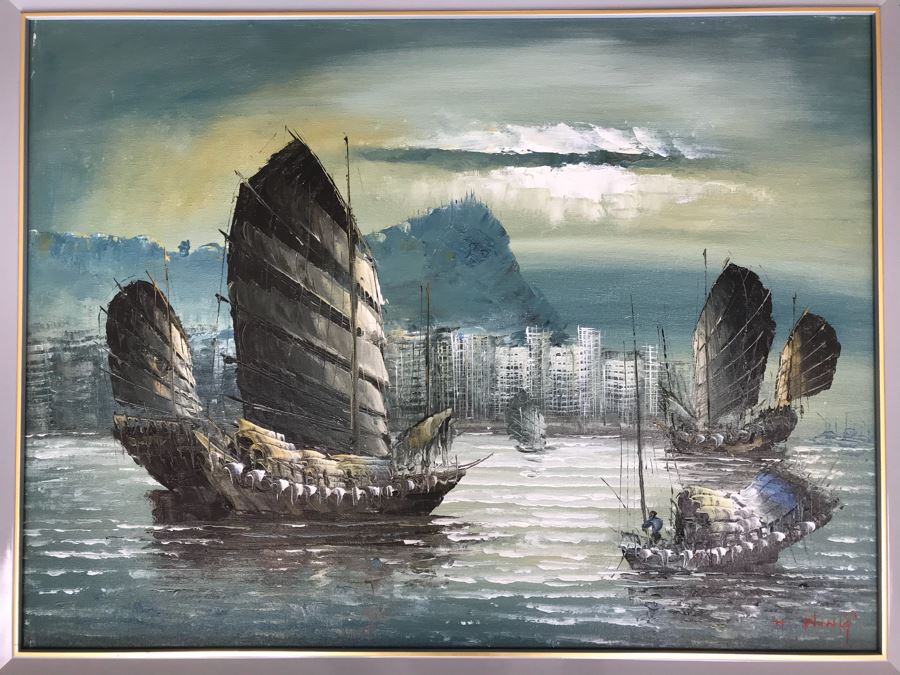 Original Oil Painting Of Asian Boats Signed H. Wong? 26' X 20' [Photo 1]