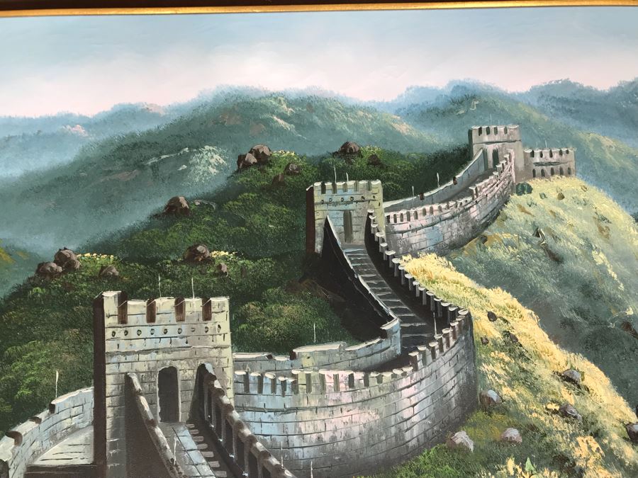 Original Oil Painting Of The Great Wall Of China In Wooden Bamboo Motif