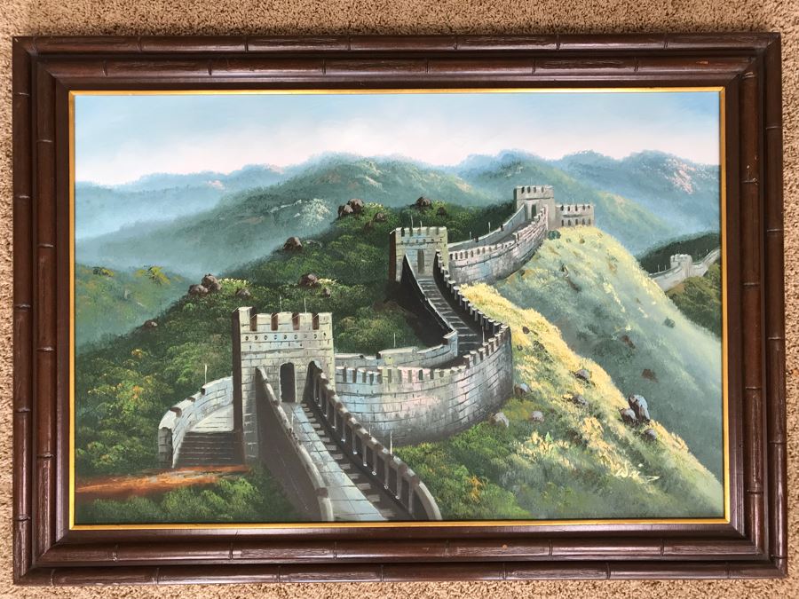 Original Oil Painting Of The Great Wall Of China In Wooden Bamboo Motif Framed Signed Wai Woi?