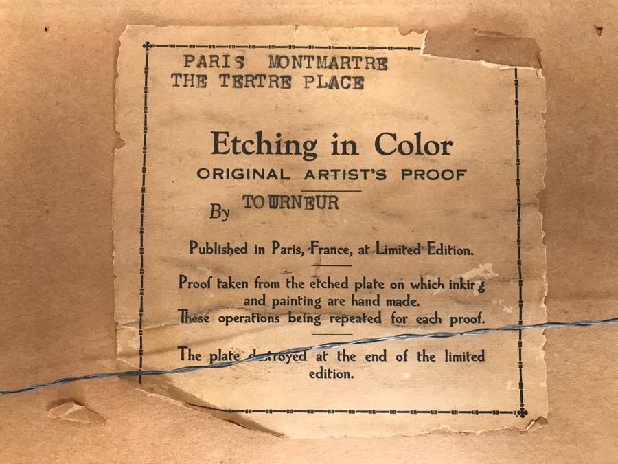Vintage Etching In Color By H. Tourneur Paris Montmartre The Tertre Place 13' X 10' [Photo 10]