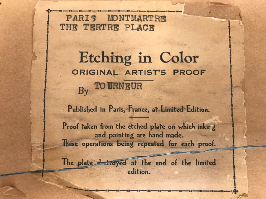 Vintage Etching In Color By H. Tourneur Paris Montmartre The Tertre Place 13' X 10' [Photo 11]