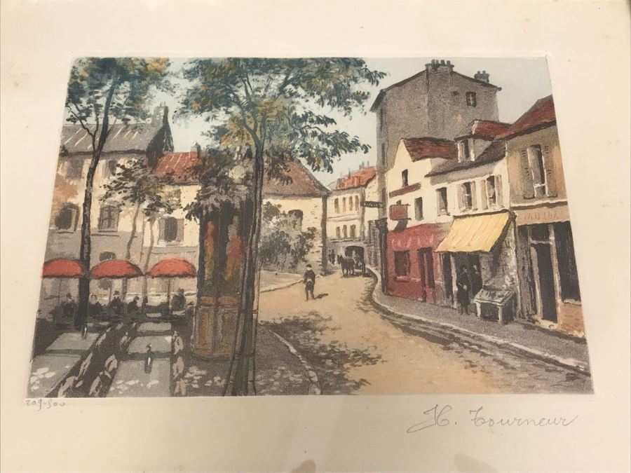 Vintage Etching In Color By H. Tourneur Paris Montmartre The Tertre Place 13' X 10' [Photo 2]