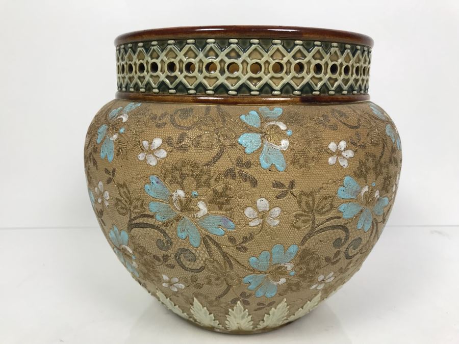 Antique Doulton Lambeth Pottery With Doulton & Slaters Patent Stoneware Jardiniere Floral Pattern 4091 8'H X 10'W [Photo 1]