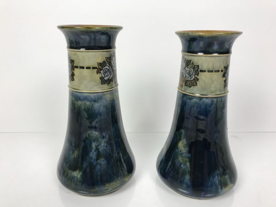 Pair Of Antique Royal Doulton England Vases Stoneware 7998E 8.5'H X 5'W