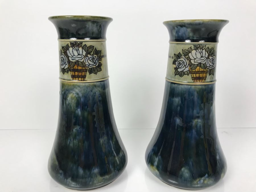 Pair Of Antique Royal Doulton England Vases Stoneware 7998E 8.5'H X 5'W