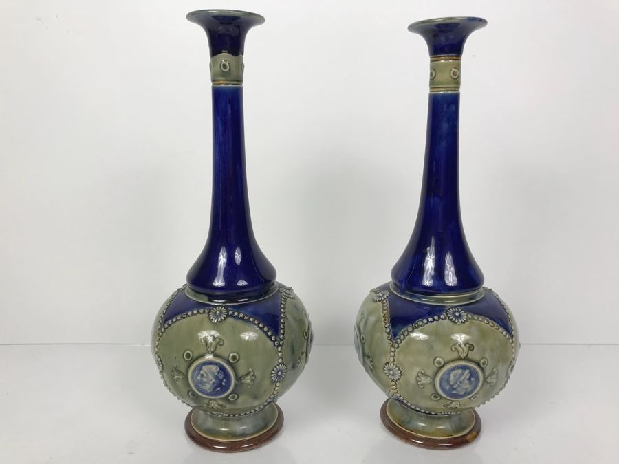 Pair Of Antique Vases One Is Doulton Lambeth England And One Is Royal Doulton England 8866 12'H