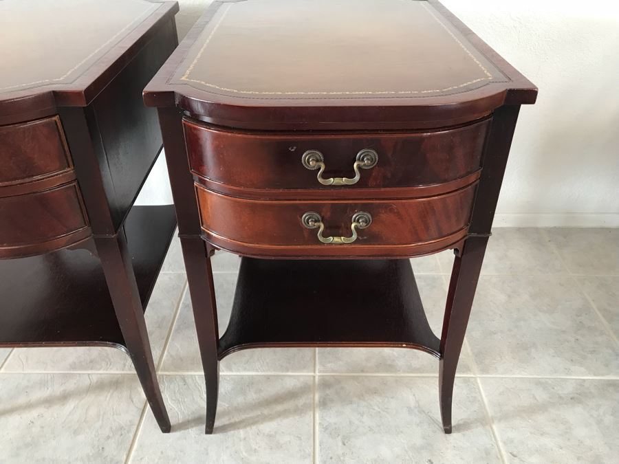 Pair Of Vintage Mahogany End Tables With Leather Tops By Mahogany Association Inc [Photo 7]