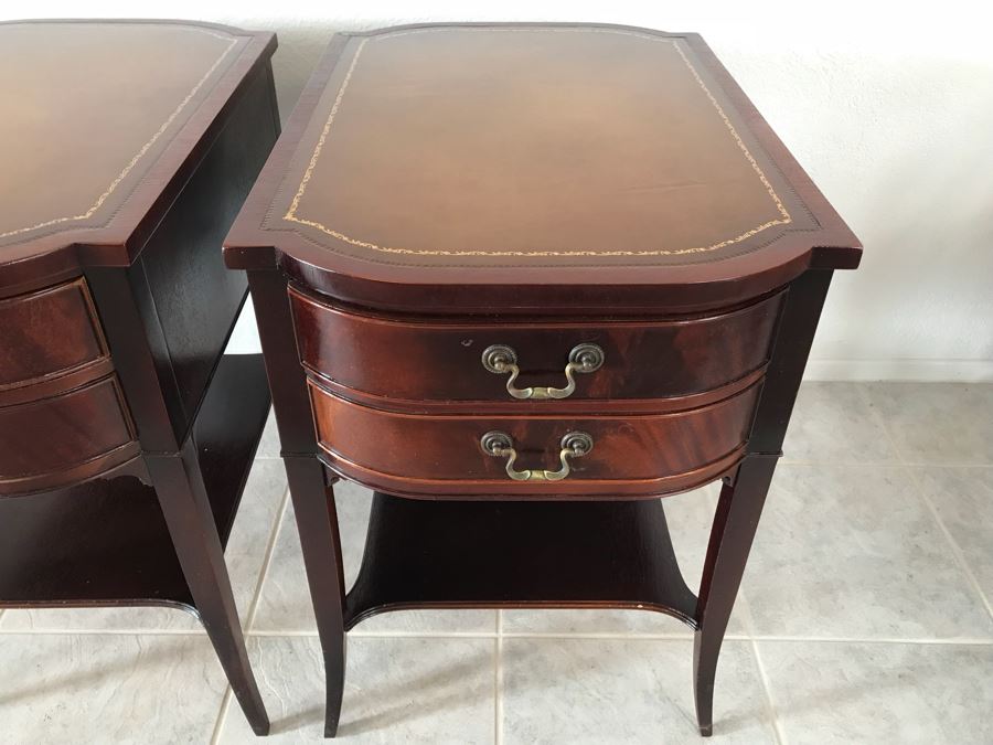 Pair Of Vintage Mahogany End Tables With Leather Tops By Mahogany