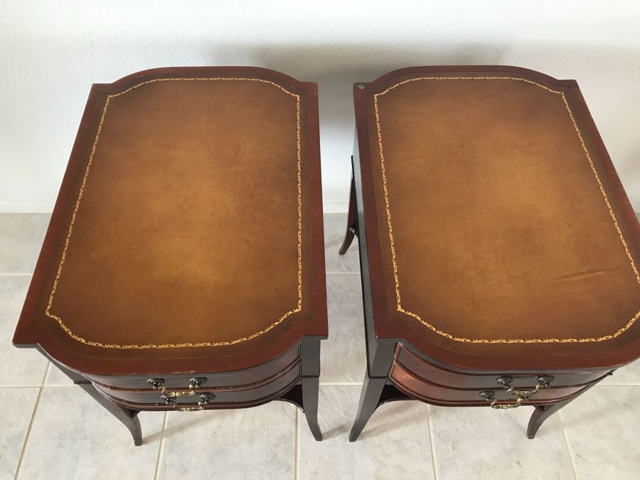 Pair Of Vintage Mahogany End Tables With Leather Tops By Mahogany