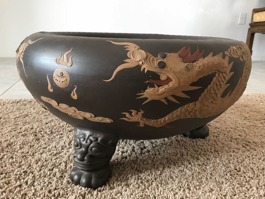 Signed Asian Dragon Serpent Footed Planter Pot [Photo 12]