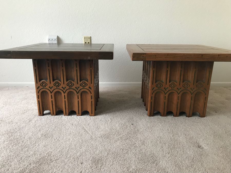 Pair Of Wooden End Tables (Can't Make Out Furniture Label) [Photo 1]