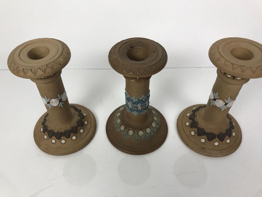 Set Of (3) Antique Doulton Lambeth England Silicon Candlesticks 9797 Stoneware 6.5'H [Photo 10]