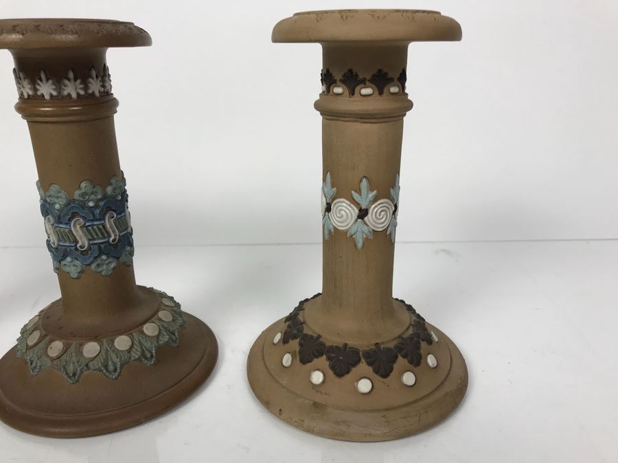 Set Of (3) Antique Doulton Lambeth England Silicon Candlesticks 9797 Stoneware 6.5'H [Photo 2]