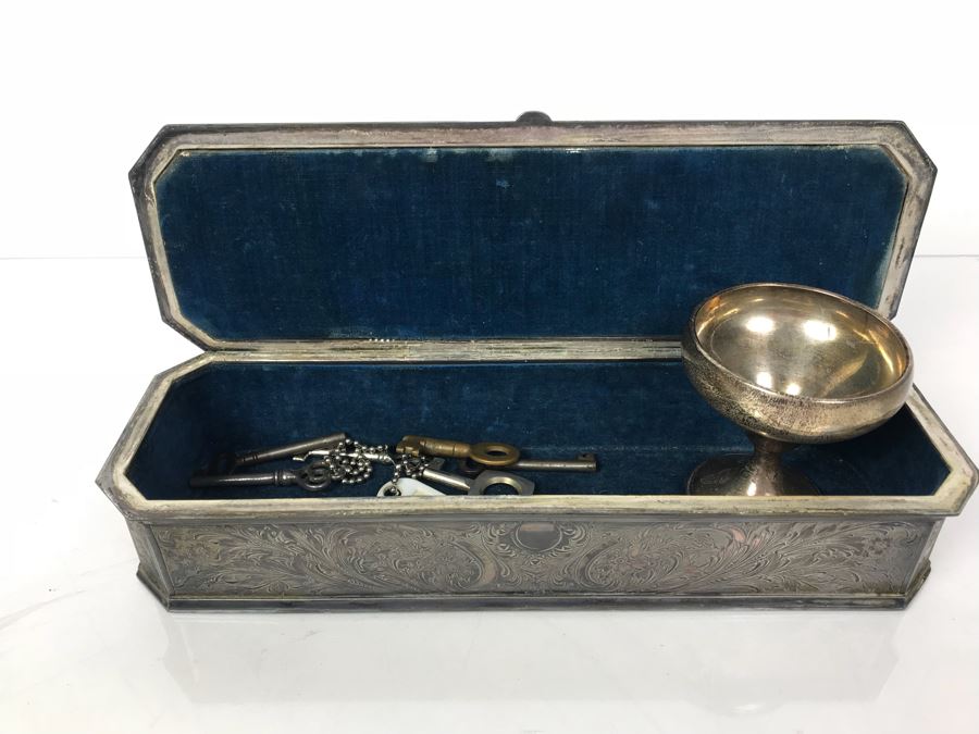 Weighted Sterling Silver Cup, Vintage Chased Silverplate Box And Various Skeleton Keys Inside Box