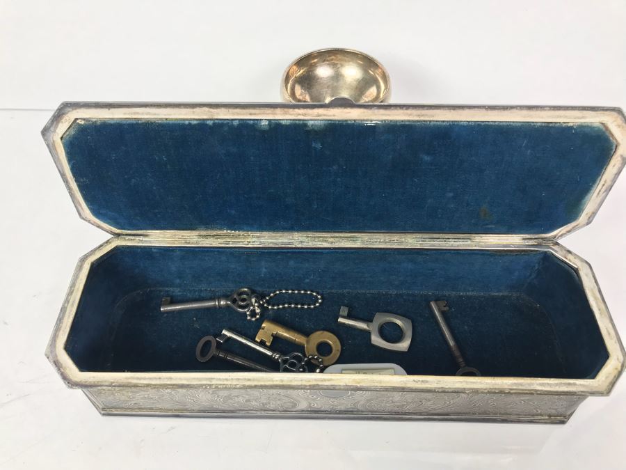 Weighted Sterling Silver Cup, Vintage Chased Silverplate Box And Various Skeleton Keys Inside Box [Photo 12]