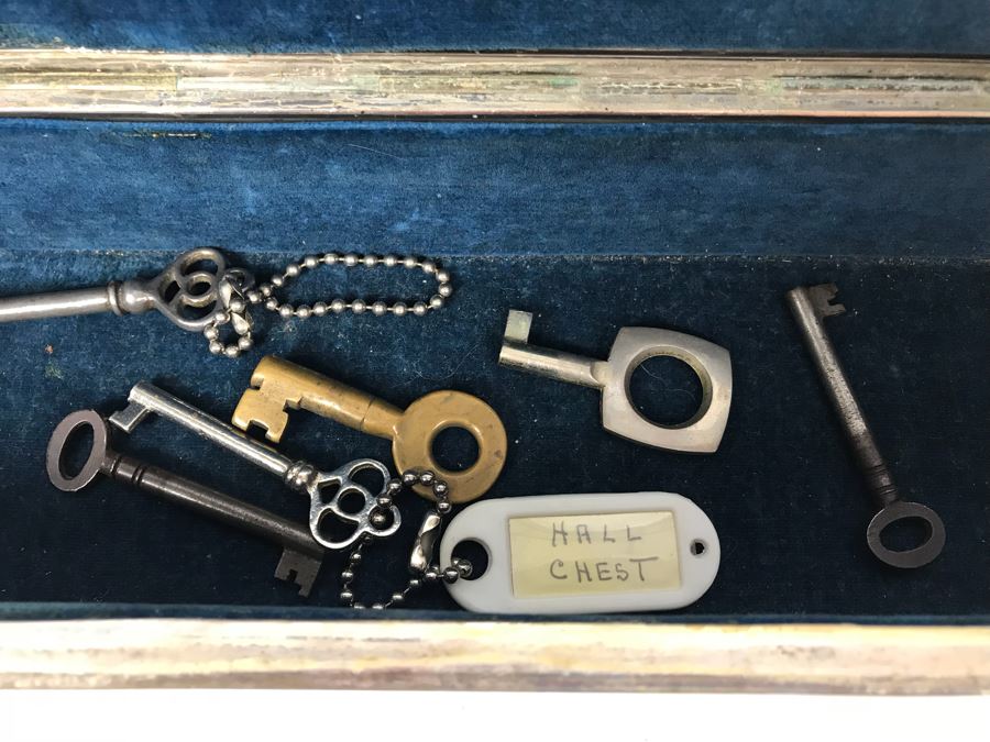 Weighted Sterling Silver Cup, Vintage Chased Silverplate Box And Various Skeleton Keys Inside Box [Photo 15]
