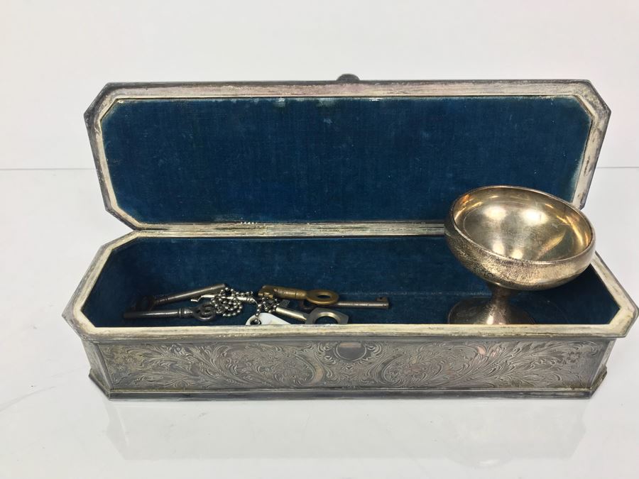 Weighted Sterling Silver Cup, Vintage Chased Silverplate Box And Various Skeleton Keys Inside Box [Photo 26]