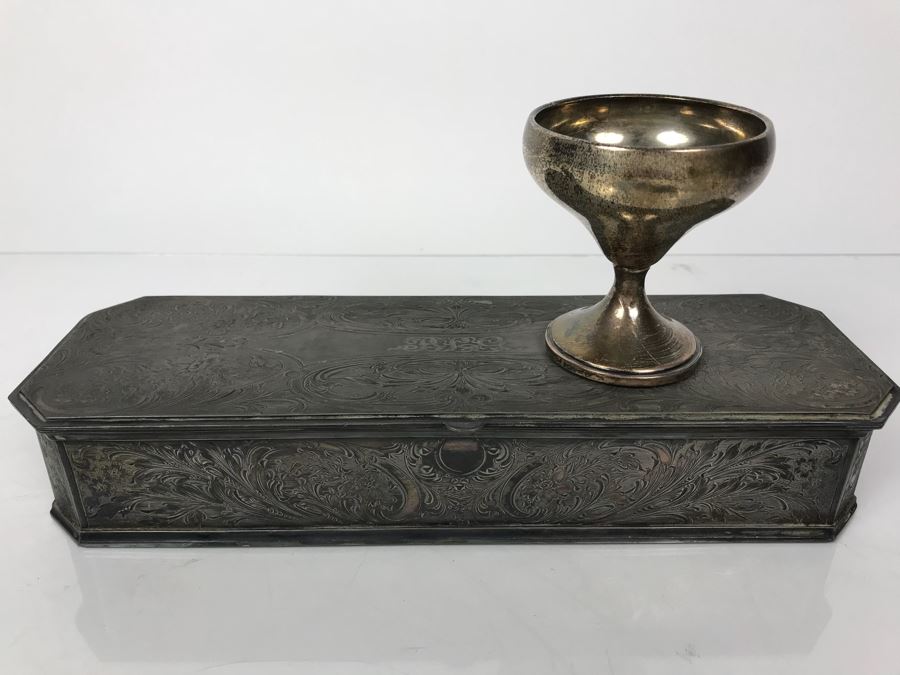 Weighted Sterling Silver Cup, Vintage Chased Silverplate Box And Various Skeleton Keys Inside Box [Photo 2]