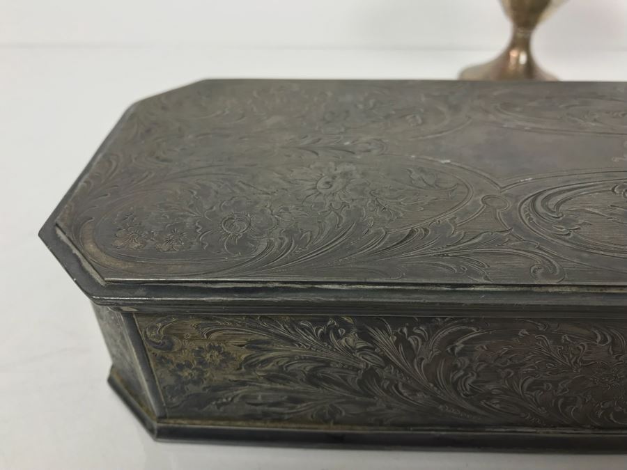 Weighted Sterling Silver Cup, Vintage Chased Silverplate Box And Various Skeleton Keys Inside Box [Photo 9]