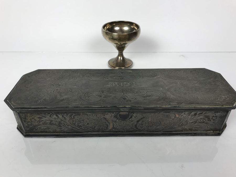 Weighted Sterling Silver Cup, Vintage Chased Silverplate Box And Various Skeleton Keys Inside Box [Photo 4]