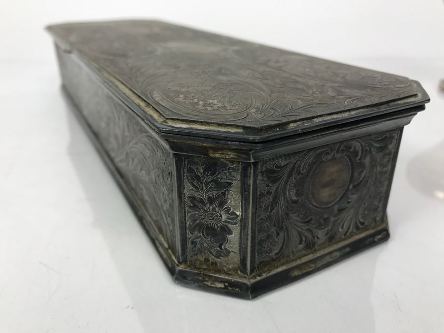 Weighted Sterling Silver Cup, Vintage Chased Silverplate Box And Various Skeleton Keys Inside Box [Photo 16]