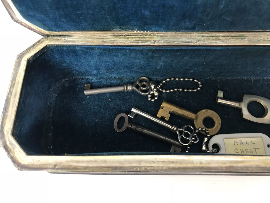 Weighted Sterling Silver Cup, Vintage Chased Silverplate Box And Various Skeleton Keys Inside Box [Photo 13]