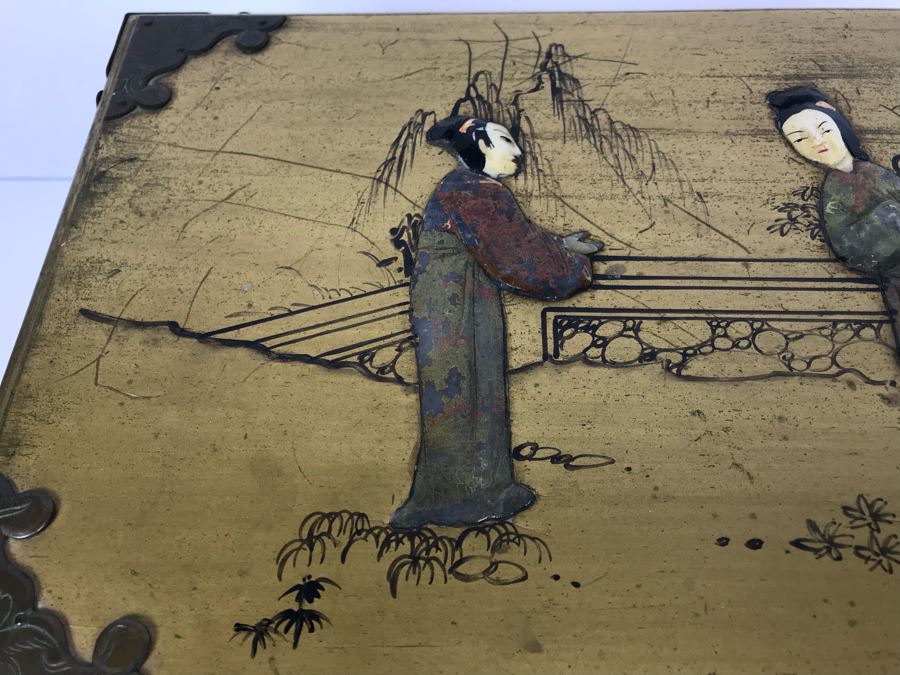 Vintage Gilded Asian Jewelry Box With Embossed Stone Carvings On Top - See Photos For Condition Of Inside Fabric On Top [Photo 6]