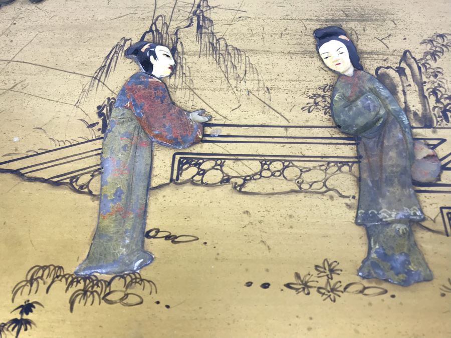 Vintage Gilded Asian Jewelry Box With Embossed Stone Carvings On Top - See Photos For Condition Of Inside Fabric On Top [Photo 5]