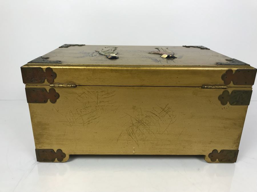 Vintage Gilded Asian Jewelry Box With Embossed Stone Carvings On Top - See Photos For Condition Of Inside Fabric On Top [Photo 14]